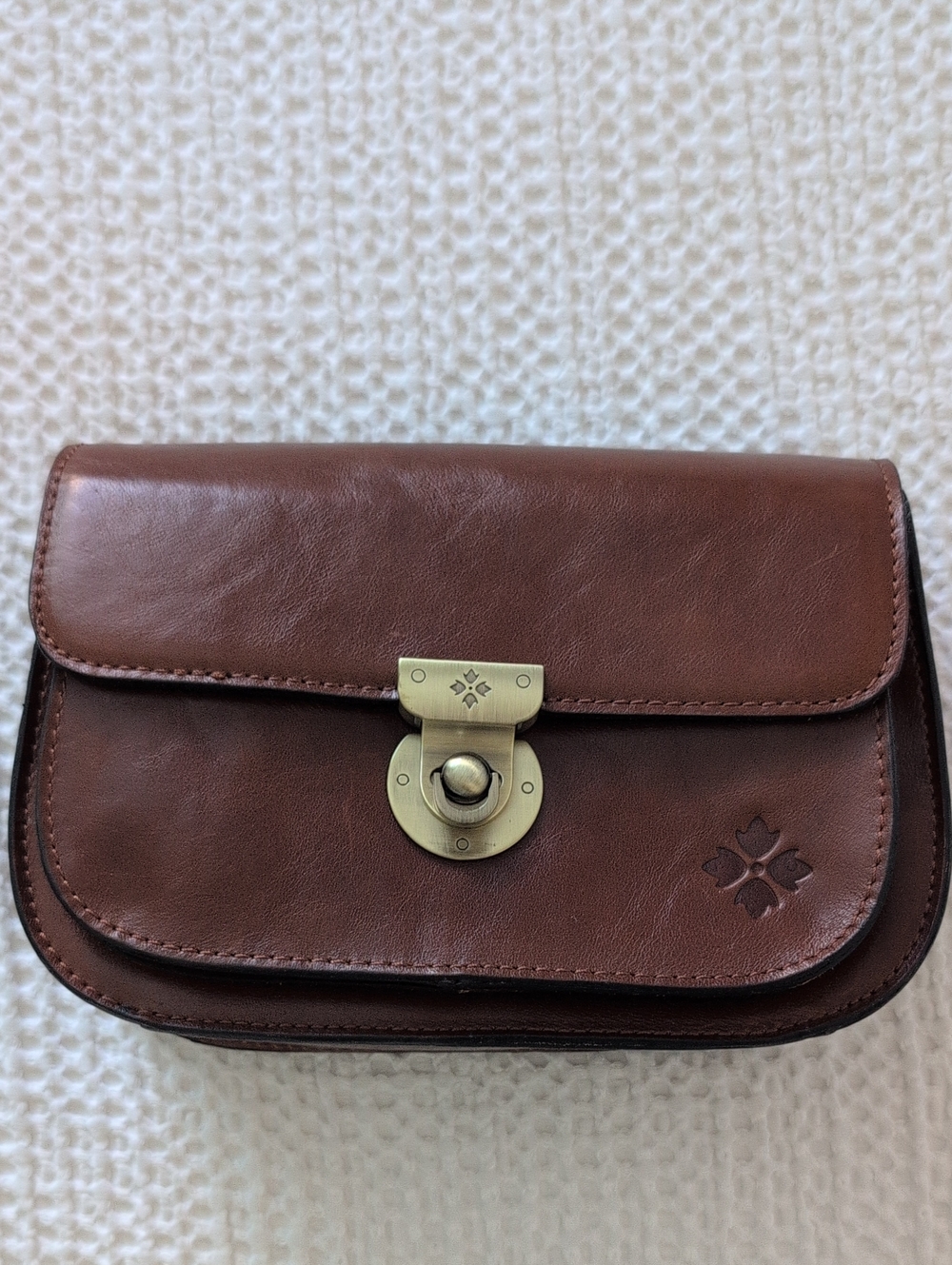 Patricia Nash Besano Chestnut Brown Leather Crossbody with Brass Turn-Lock